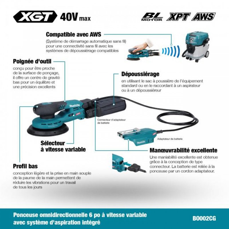 Ponceuse excentrique XGT Ø 150 mm 40V Makita BO002CGZ (produit seul)